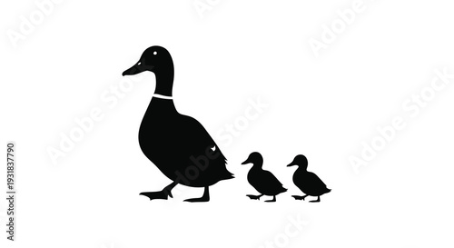A mother duck leads her two ducklings across a white background in a striking black silhouette high quality professional detailed modern