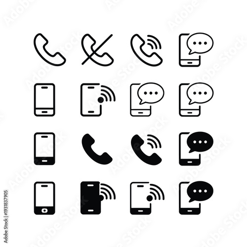 Collection of black communication icons featuring phones and messaging apps