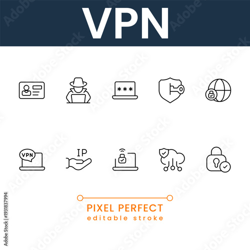 Professional VPN and online security icon pack featuring encrypted network, privacy shield and secure access symbols