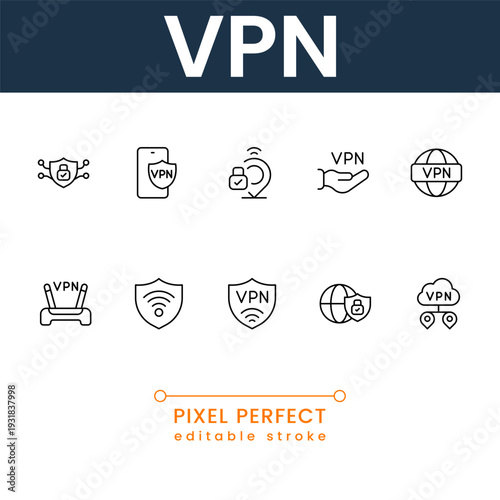 Professional VPN and online security icon pack featuring encrypted network, privacy shield and secure access symbols