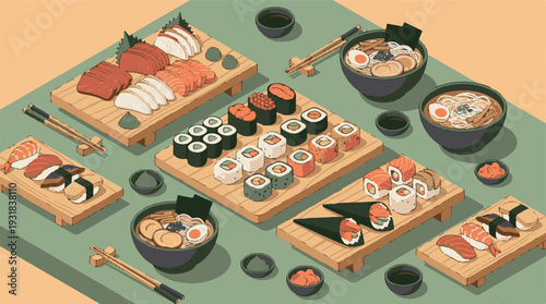 Isometric Japanese Cuisine Assortment: Sushi, Sashimi, Ramen, and Maki