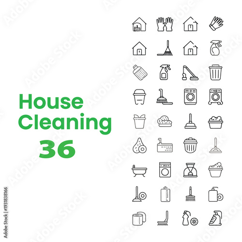 Line art icons depicting various house cleaning tools and household items