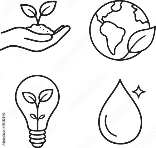 Environmental conservation and green ecology sustainability line art icons on white.