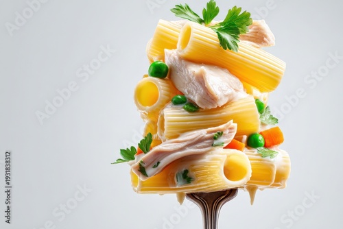 Stacked rigatoni pasta with creamy chicken sauce and vegetables on fork, minimal vertical food styling isolated on light background, Italian gourmet meal concept.
