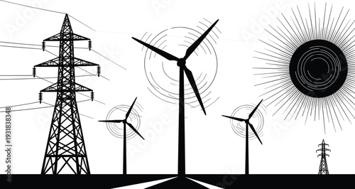 Renewable energy and power transmission concept, wind turbines and electricity pylon silhouette vector illustration, sustainable green technology landscape design