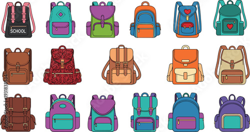 School backpack collection vector illustration, colorful student rucksacks and leather bags set isolated on white background, education accessories design