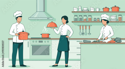 Professional chefs cooking and preparing food in a busy kitchen illustration