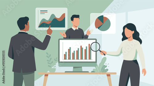 Business team analyzing data visualizations and market trends on screens