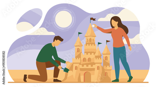 Couple building sandcastle together on sunny beach vacation