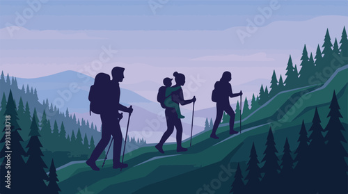 Family hiking in mountain forest, active lifestyle and outdoor adventure