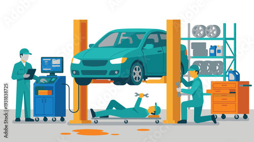 Car repair and maintenance service with technicians in a modern garage
