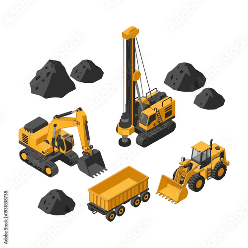 Isometric Heavy Construction and Mining Equipment Set with Coal Piles.