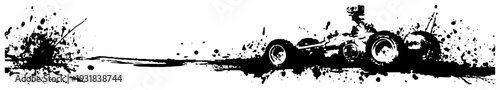 Minimalist black and white formula racing car vector with ink splash speed effects