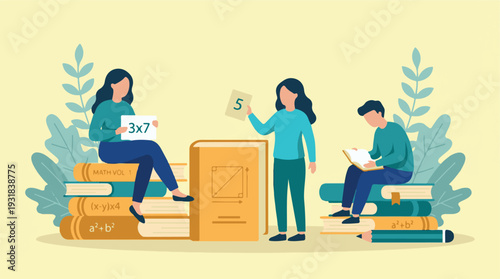Students engaged in mathematics education, surrounded by books and equations