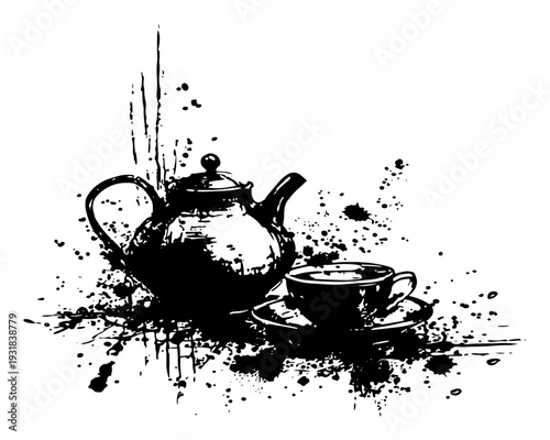 Traditional teapot and tea cup sketch with artistic black ink splatter details