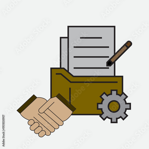 Business agreement and document management concept with handshake, file folder, contract paper, pencil, and gear icon. Flat vector illustration representing partnership, administration, workflow