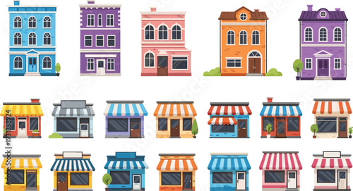 Urban buildings and storefront collection set, colorful residential houses and retail shops vector illustration, city architecture facade design