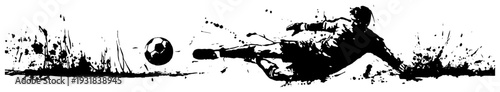 Artistic soccer player diving for the ball in a grungy ink splatter style banner