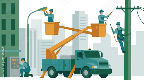 Utility Workers Repairing Power Lines and Streetlights in Urban Environment