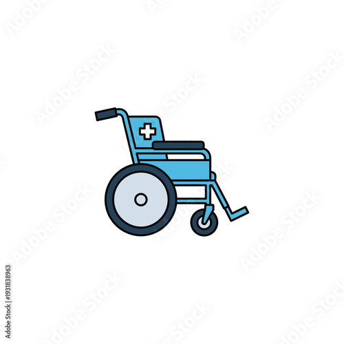 A blue wheelchair with a medical cross on the backrest