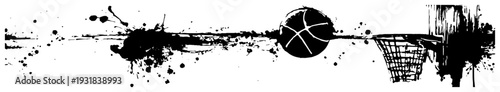 Grunge style basketball and hoop with expressive black ink splatters on white background