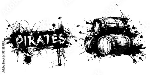 Pirate themed graphic with wooden barrels and decorative text in a grungy ink splash style