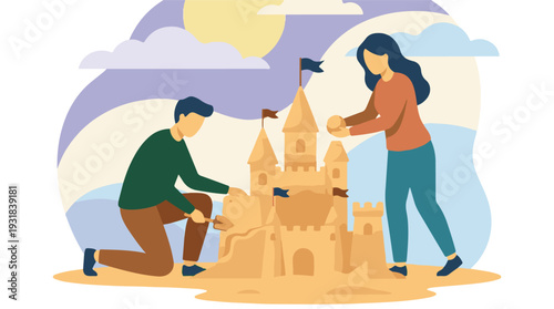 Couple building a grand sandcastle together on a sunny beach vacation