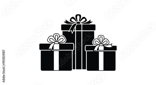 A stack of three elegantly wrapped gift boxes with decorative bows presented in a striking black silhouette high quality professional detailed
