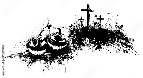 Gothic cemetery scene with crosses and pumpkins in grunge ink style