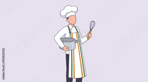 Cartoon chef holding cooking pot and whisk, ready to prepare food