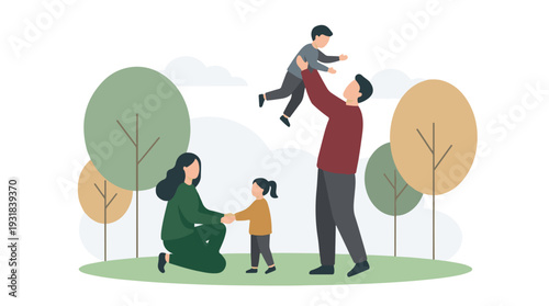 Happy family with two children enjoying playtime outdoors in a park