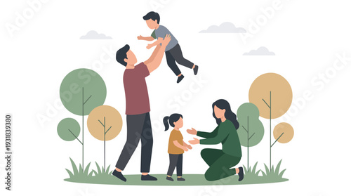 Happy Family Playing Together Outdoors in a Park Flat Design Illustration