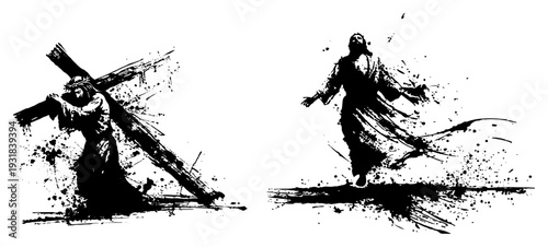Biblical scene of Jesus carrying the cross and resurrection in ink sketch style