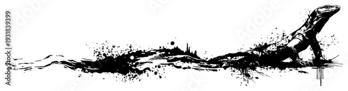 Artistic black ink splatter illustration of a monitor lizard crawling