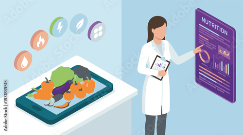 Digital nutrition consultation with dietitian, fresh vegetables and diet data