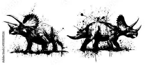 Detailed triceratops dinosaur sketches in artistic black ink splatter style