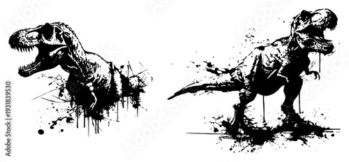 Tyrannosaurus Rex dinosaur set in aggressive ink splatter vector style