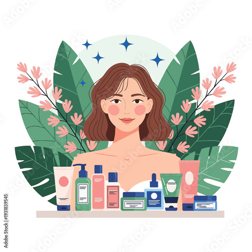 A smiling woman surrounded by lush green leaves and pink flowers, with a collection of natural skincare products on a shelf.