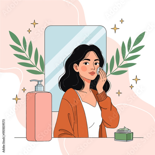 Illustration of a young woman performing her skincare routine, applying product to her face with a cotton pad in front of a mirror with beauty products.