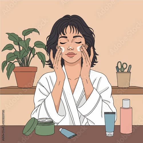 A woman in a white bathrobe applying face cream as part of her daily skincare routine, with various beauty products on the table.