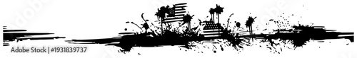 Panoramic American flag and palm tree silhouette with messy ink spray patriotic elements