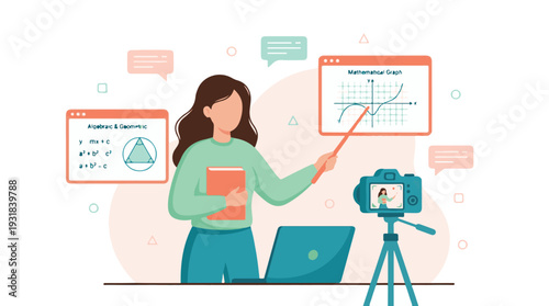Female teacher recording an online mathematics lesson with graphs and formulas