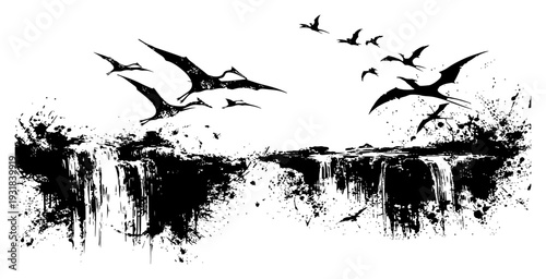 Prehistoric pterodactyls flying over a waterfall in a dramatic ink splatter landscape sketch