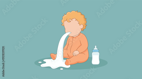 Cartoon baby spitting up milk next to a feeding bottle on the floor