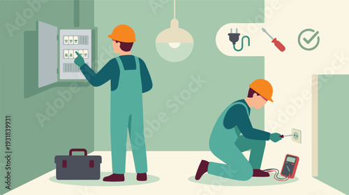 Electricians performing electrical system maintenance and repair work