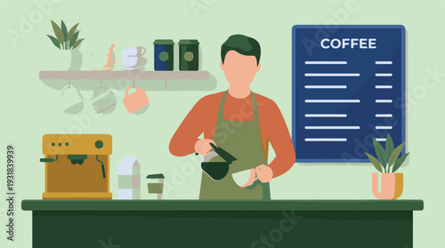 Barista pouring coffee in a modern minimalist cafe setting illustration