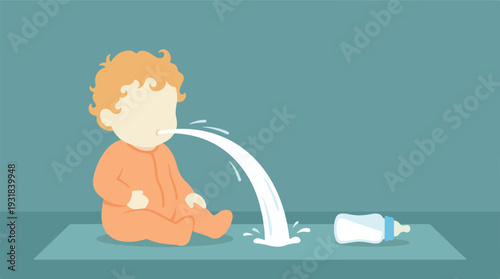 Illustration of a baby spitting up milk with a bottle nearby on a mat