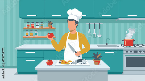 Flat design illustration of a chef preparing a meal in a modern kitchen