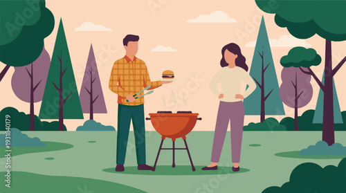 Couple enjoying an outdoor barbecue with grilled food in a park