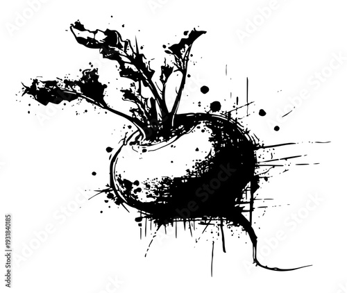 Hand drawn beetroot illustration with creative black ink splatters and grunge texture